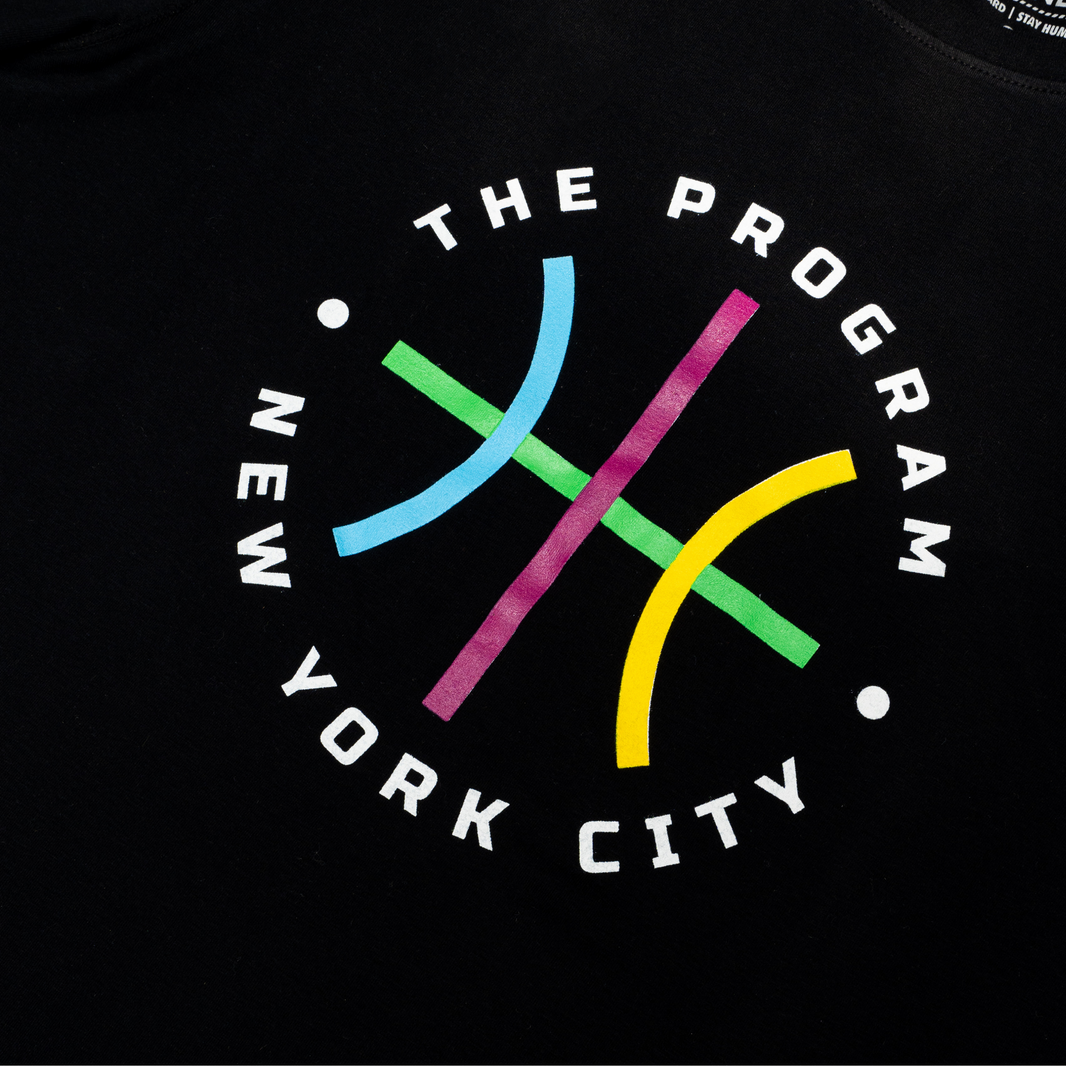 The Program NYC tee shirt closeup of the The Program NYC logo